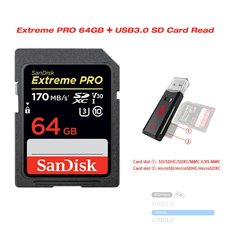 Двойной Флеш-накопитель SanDisk Extreme PRO sd карты 128 ГБ 256 SDXH до 170 МБ/с. скорость чтения cartao de memoria 64 ГБ 32 ГБ оперативной памяти, 16 Гб встроенной памяти, до 95 МБ/с. скорость чтения - Емкость: SDXXY-064G and C396