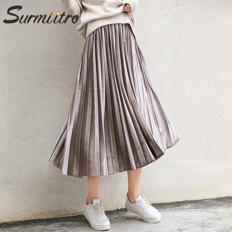 Surmiitro бархатная миди юбка женская осень зима мода Корейская Высокая талия трапециевидная Женская плиссированная юбка