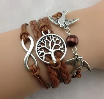 

1pc Infinity , Wish Tree & Couple bird Charm Bracelet--Antique Silver Bracelet--Wax Cords and Imitation Leather Bracelet b48