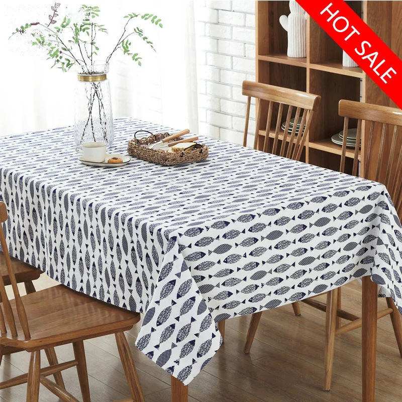 Printing Fish Rectangular White Tablecloth Home Decor Dinning Room Oilproof Table Cover 