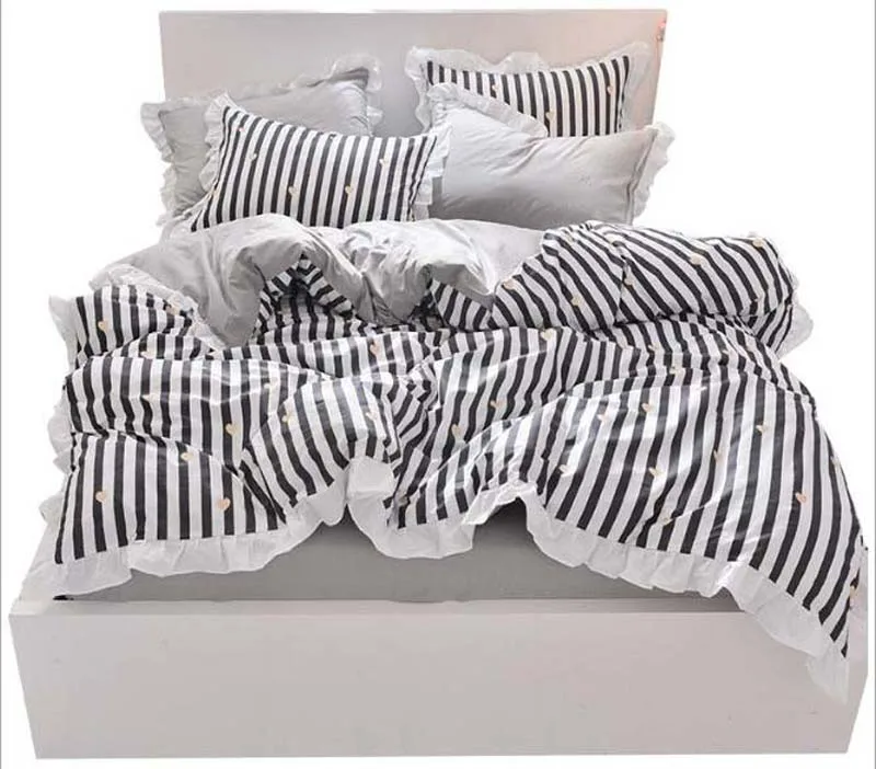 Black and white stripes Twin Full Queen Size lace 3/4pcs bedding sets