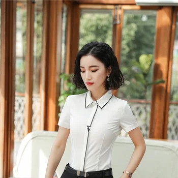 

2018 Summer Short Sleeve Blouses & Shirts For Ladies Women Female Tops Clothes Business Work Wear Blouse Uniform Styles White