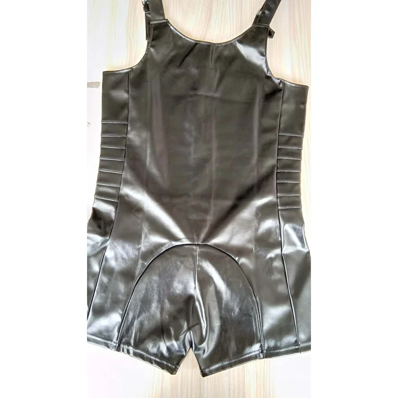 XXL Black PU Leather Sexy Clubwear Men Zipper Open Crotch Spandex Catsuit Bodysuit Erotic Costume Sexy Lingerie for Men