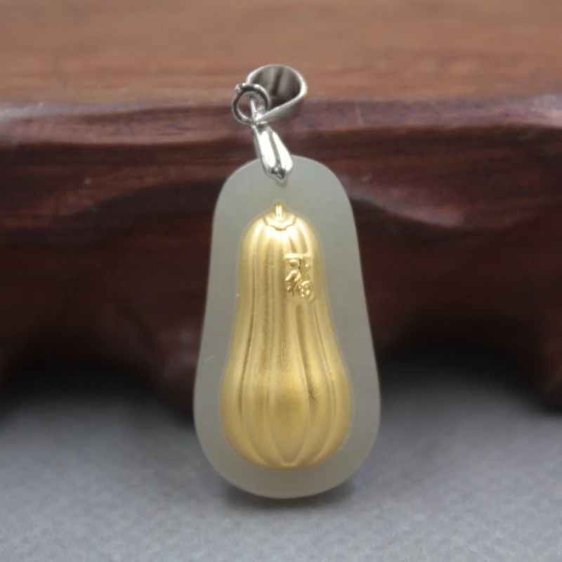 

New Fine 24K Yellow Gold & Hetian Jade Pendant Women Men Blessing Bean Pendant / 27x15mm