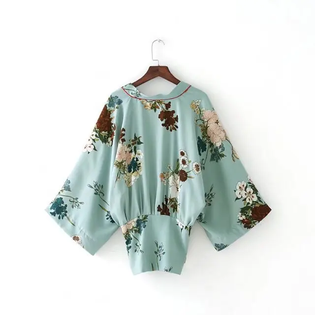 Gokic осень 2017 г. Floral Print Kimono блузка рубашка для женщин четверти Сторона Сплит кимоно