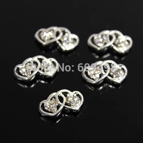 

50pcs/bag 3D Silver alloy Double heart diamond Nail art Phone DIY adornment Nail artist supply