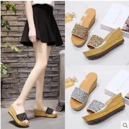 

Sequined Ladies Slippers Women Shoes Casual High Heel 7.5CM Wedge Skid Slippers Summer Lady Sandals Bling Slides Shoes Black