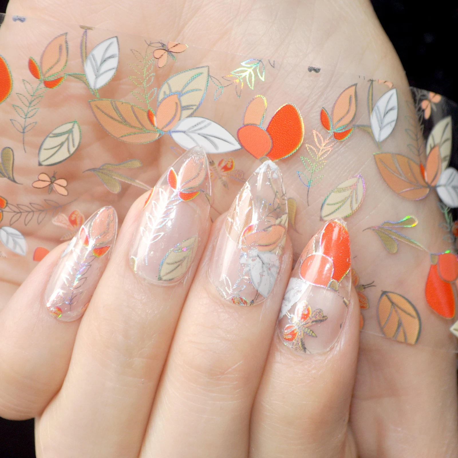 

Holographic Nail Foils Orange Red Striped Leaves Pattern Full Cover Nail Transfer Foils DIY Decoration GL641