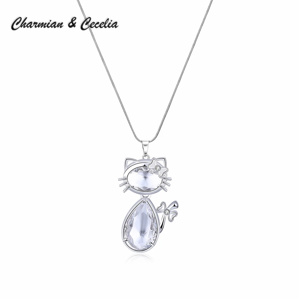 Charmian & Cecelia 1pc fashion womens cute long necklace jewelry silver color simple kitty