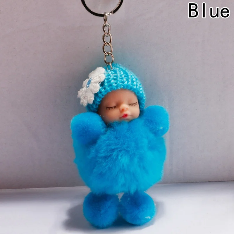 

Sleeping Baby Doll Keychain Pompom Rabbit Fur Ball Key Chain Car Keyring Women Key Holder Bag Pendant Charm Accessories