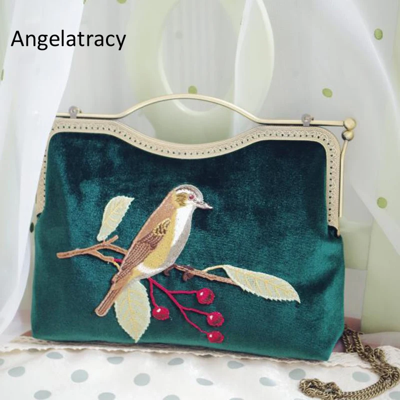 

Angelatracy 2018 Handmade Vintage-style Velvet Clutch Bag with Bird Flower Embroidery Bird Velvet Clutch Vintage Handbag Retro