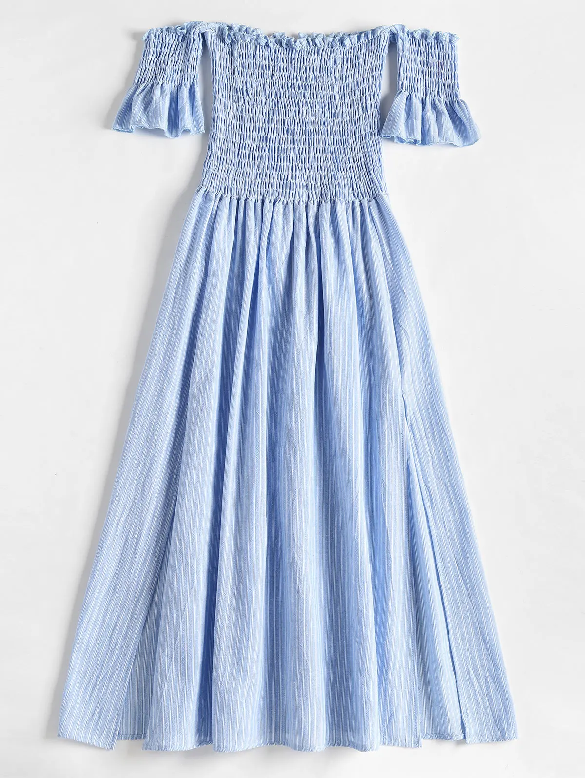 

ZAFUL Stripes Shirred Off Shoulder Midi Dress Women Beach Cotton Short Sleeves Dresses Vestidos 2018 Summer Casual Robe Female