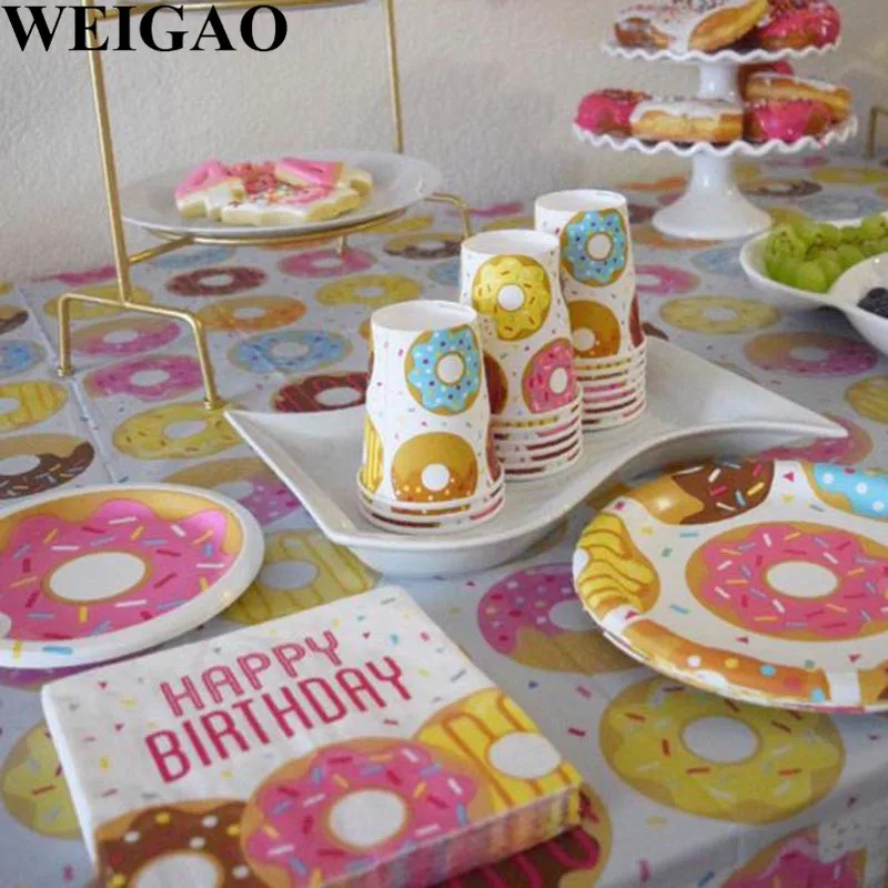 

WEIGAO Donut Party Plate Cup Napkins Tablecloth Banner Birthday Party Disposable Tableware Set 1st Birthday Decor Party Supplies