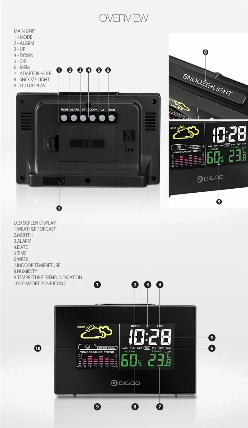 Digoo DG-C3 C3 Беспроводной Цвет подсветкой USB термометр гигрометр Прогноз погоды станции Будильник Черный 14 см x 9 см x 1,9 см