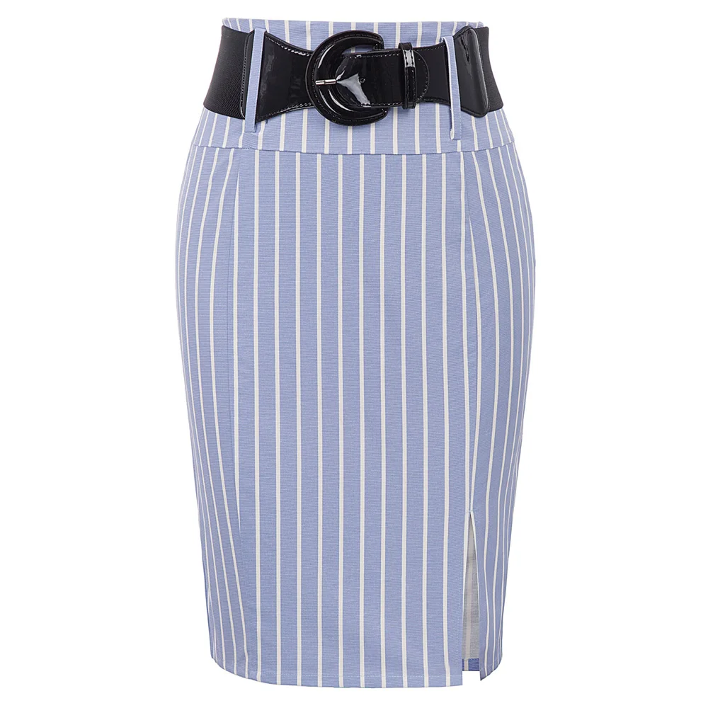 Винтажная деловая Женская юбка в тонкую полоску с высокой талией и поясом, облегающая до колен, облегающая, облегающая, Офисная Женская юбка, юбки для работы - Цвет: Light Blue