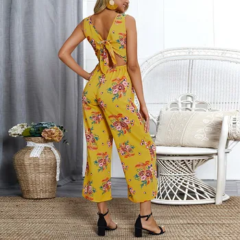 

Frauen Sleevless Floral Overall Breite Bein Culotte Hosen Overall Sommer Strampler