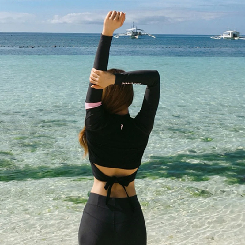 2018 رياضة المرأة ملابس السباحة مثير أسود 4 أجزاء الصيف ملابس السباحة طويلة الأكمام طويلة السراويل بدلة ركوب الأمواج الشاطئ ارتداء Laides Rashguards 2018 رياضة المرأة ملابس السباحة مثير أسود 4 أجزاء الصيف ملابس السباحة طويلة الأكمام طويلة السراويل بدلة ركوب الأمواج الشاطئ ارتداء Laides Rashguards