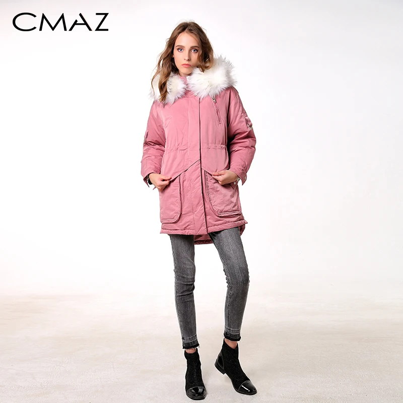 

CMAZ 2019 winter thick down jacket with hat fashion loose pink with big pocket ziper down coat MX18D8850