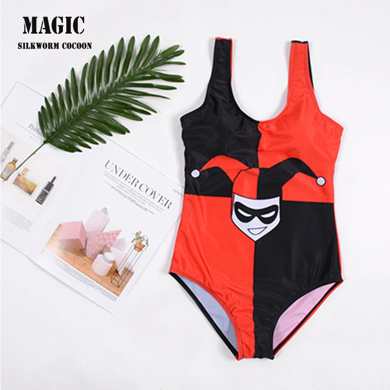 

Women Sexy Clown printing One Piece Swimwear Red black color stitching Swimsuit Female Bathing Suits Beachwear Lady'Beachwear