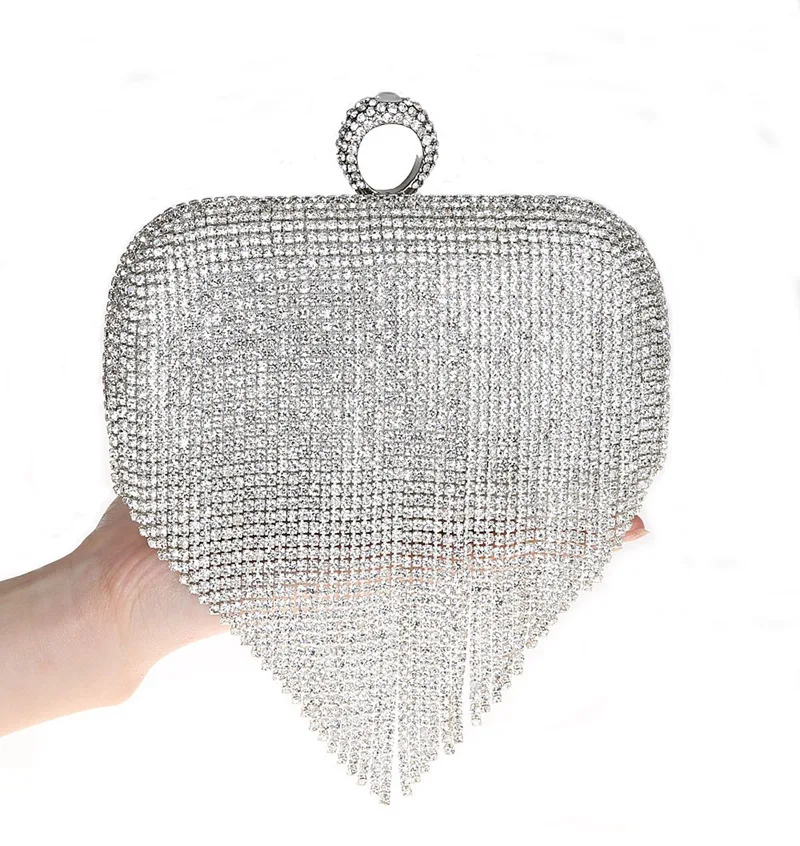  2016 Tassel Rhinestone Finger Ring Evening Bags Diamonds Wedding Handbags Women Day Clutch Mini Purse Bag With Chain Mixed Color 