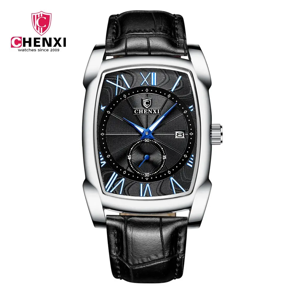 

Vintage Luxury Men Watch CHENXI Silver Roman Numerals Antique Square Genuine Leather Strap Watches Waterproof Men's Clocks Gift