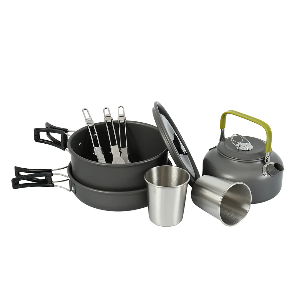 

Outdoor Camping Hiking Picnic Teapot Cooking Pot Set Portable Cookware Kit Carabiner Stove with Cup Pan Carabiner Bag Tableware