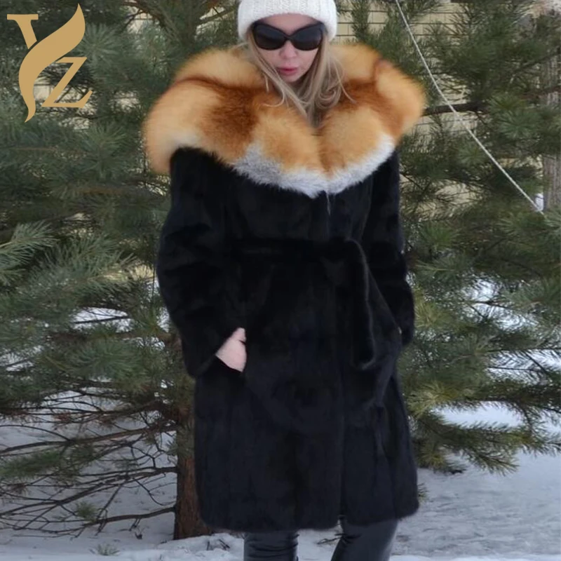 Wholeskin Mink Fur Coats For Women Luxurious Red Fox Fur Hood Warm Fur