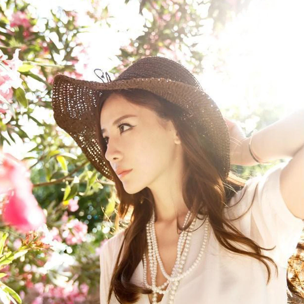 النساء أزياء الصيف القش جديلة الشمس شاطئ قبعة واسعة حافة المضادة للأشعة فوق البنفسجية الشمس تنفس طوي Topee سانكير