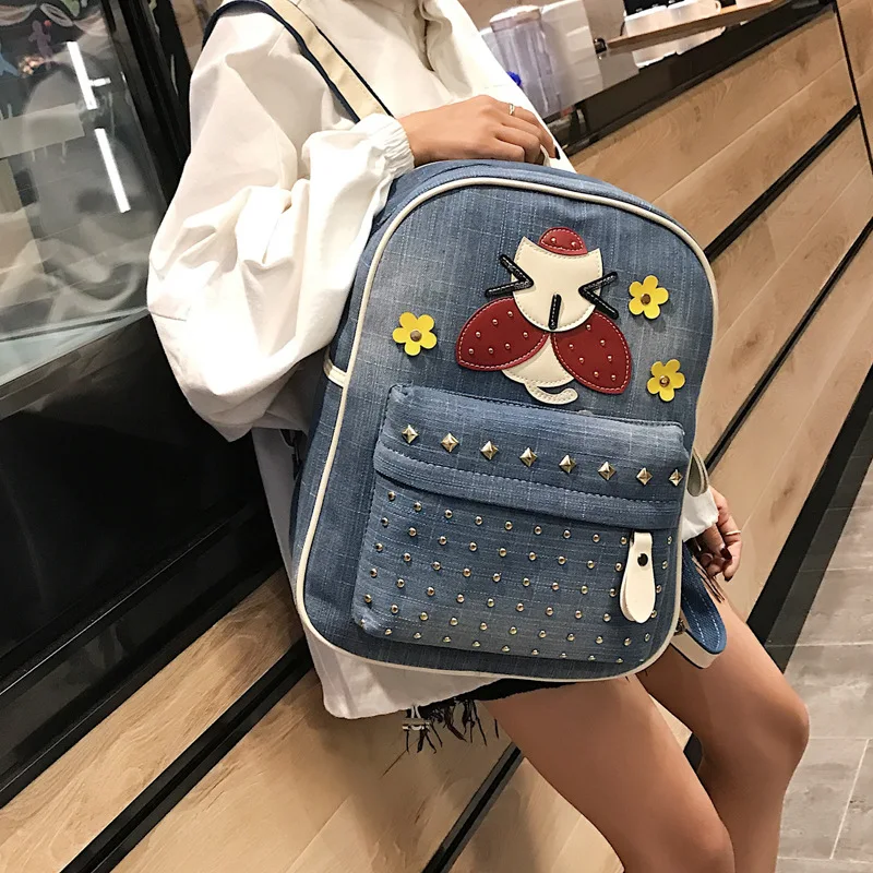 

New Rivet Cat Appliques Denim Canvas Women Backpack School Bags for Teenagers Girls Backpack Female Rucksack Mochilas Feminina