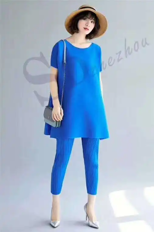 Новинка, MIYAKE, Однотонная рубашка больших размеров+ со складками платье-карандаш, штаны, костюм, плиссированный комплект из двух предметов,, chenrui - Цвет: Королевский синий