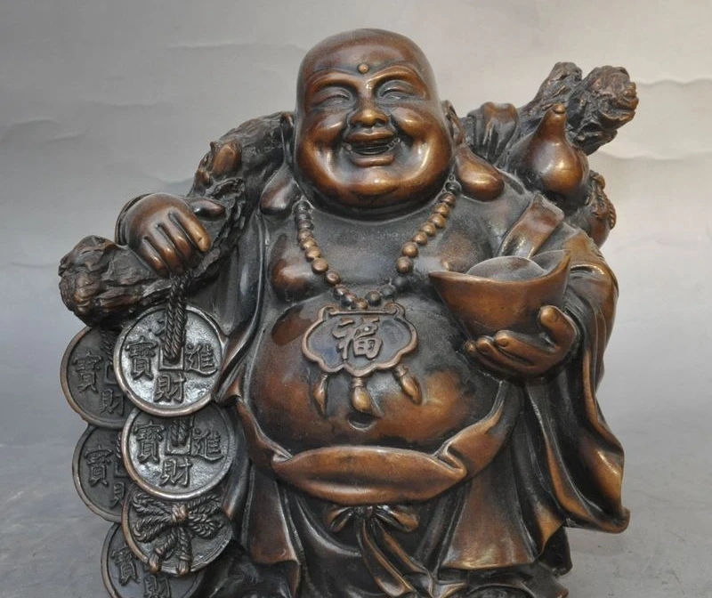 

6"chinese buddhism bronze wealth coin money yuanbao happy Maitreya Buddha statue