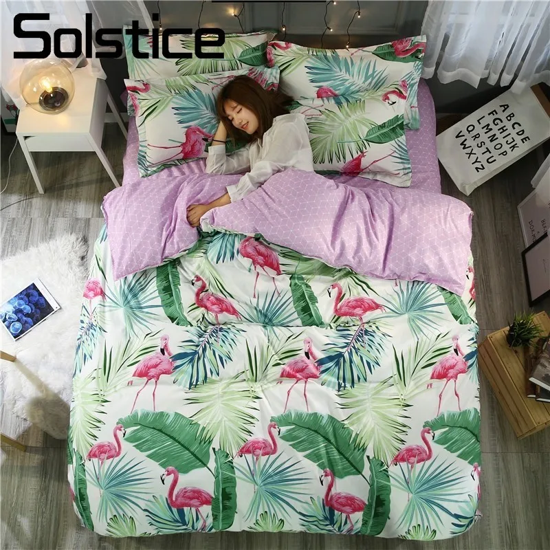 

Solstice Home Textile Flamingo Adult&Teen Bedding Set Tropical Plant Duvet Cover Pillowcase Sheet Bedlinen King-Twin Size 3/4Pcs