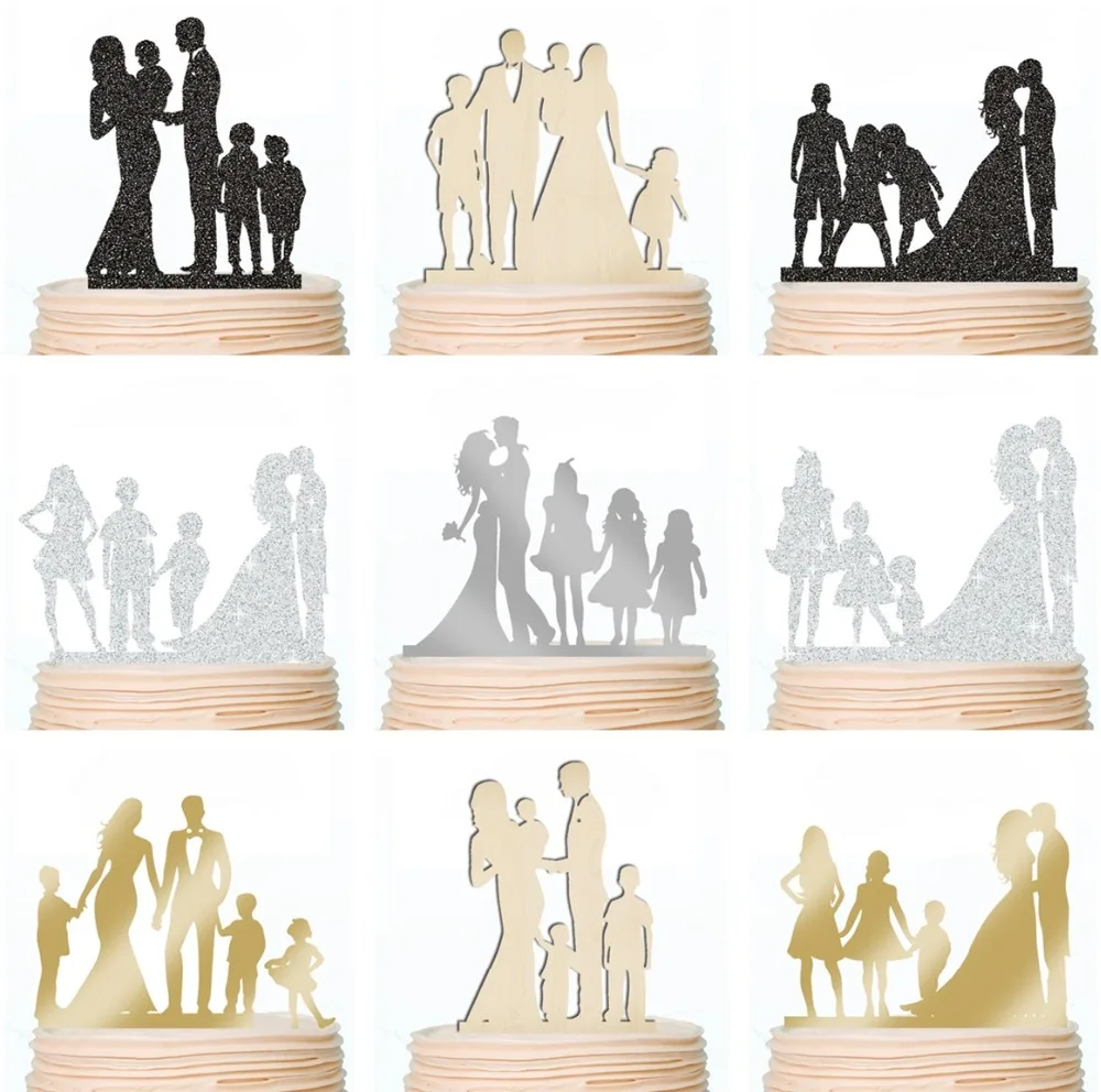 

Bride and Groom Wedding Anniversary Cake Toppers Glittery Family with Three 3 Kids Boys Girls Custom Party Cakes Decoration