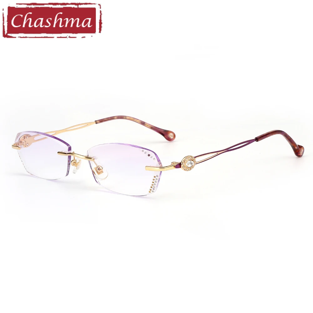 Chashma Designer Fashion Female Eye Glasses Diamond Trimmed Rimless Spectacle Frames Women