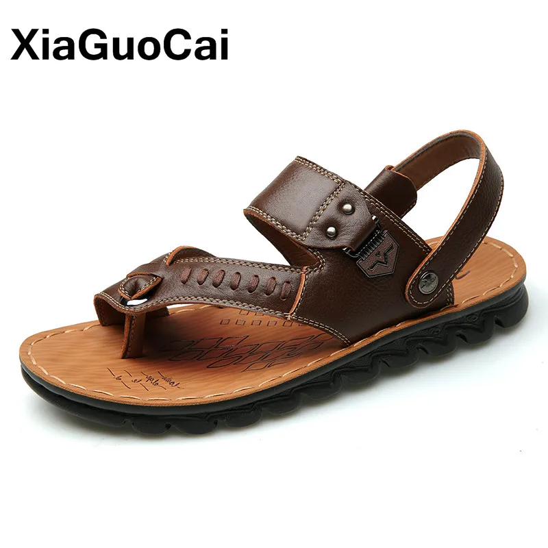 

XiaGuoCai Men Shoes Genuine Cow Leather Men Sandals Casual Breathable Beach Shoes For Male High Quality Slippers Message