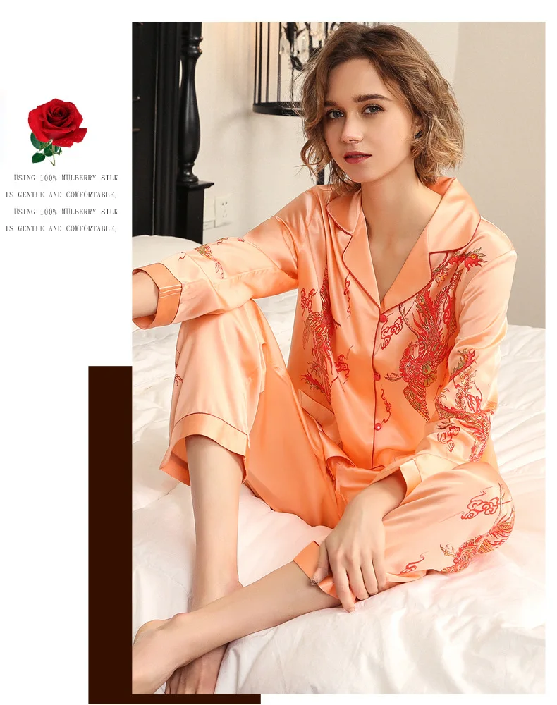 Роскошные и благородные тяжелые пижамы из чистого шелка для мужчин и женщин, пара влюбленных, пижамный комплект, свадебная домашняя одежда для сна - Цвет: Women style