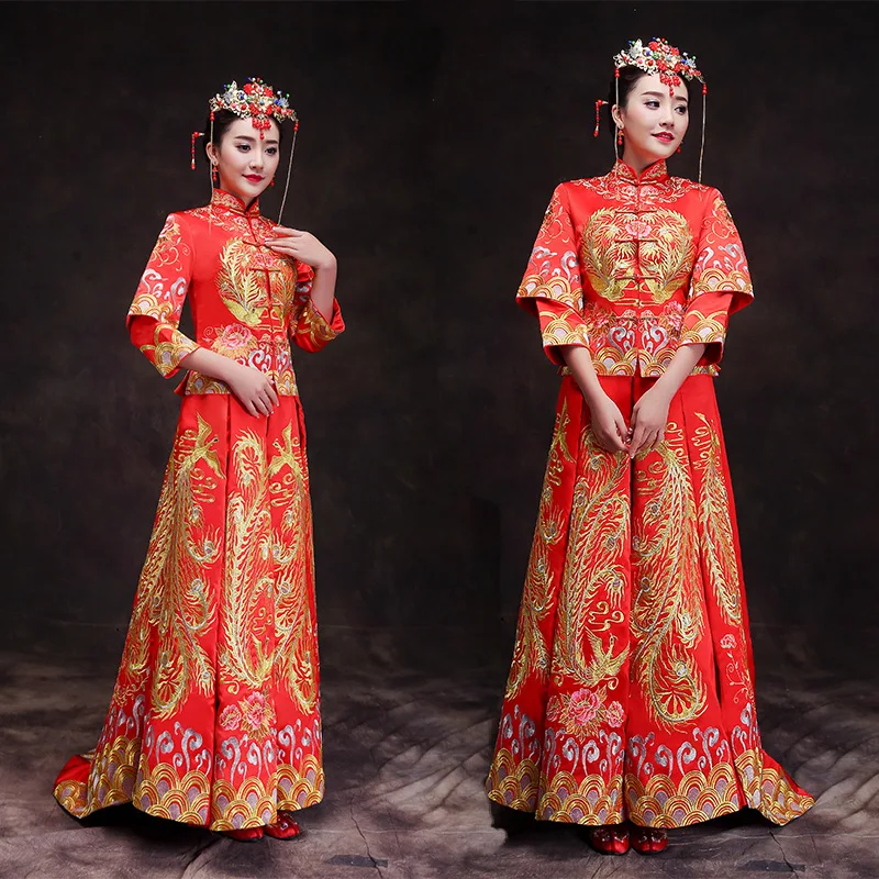  Chinese Traditional Dress Red Long Sleeve Cheongsam Embroidery Qipao Oriental Dresses Wedding Invit - 32942353055