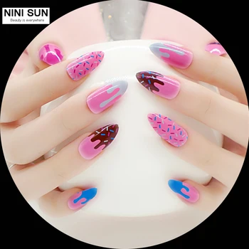 

2016 Sweet Stiletto Nails Tips Long French12 Designs Full Cover False Nails With Glue Acrylic Shining Fashion Style 24pcs/ Pack