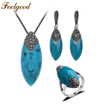 

Feelgood Fashion Jewellery Set Crystal And Blue Resin Pendant Necklace Earring Ring Vintage Silver Color Women Jewelry Sets