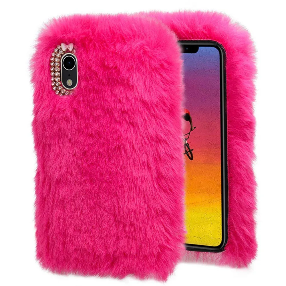 Luxury Crystal Bling Phone Case Winter Warm Fluffy Protective Case