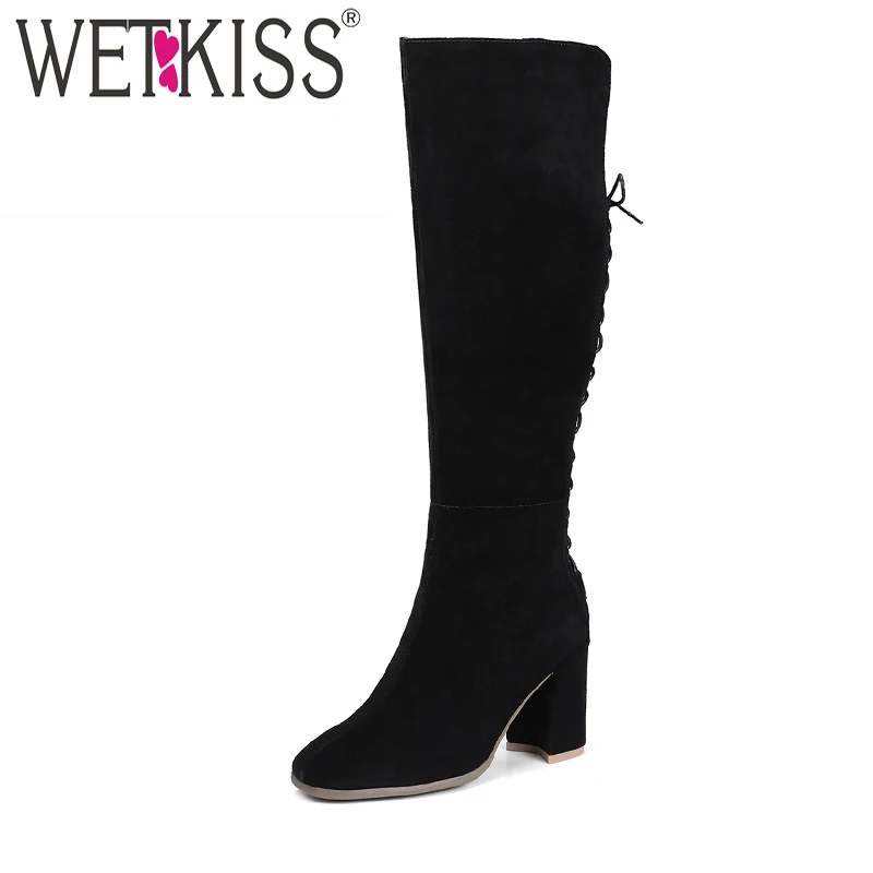 

WETKISS Sexy Back Cross Tied Knee Boots Brand Design Natural Leather Suede Autumn Winter Boots Square High Heel Women Shoes Zip