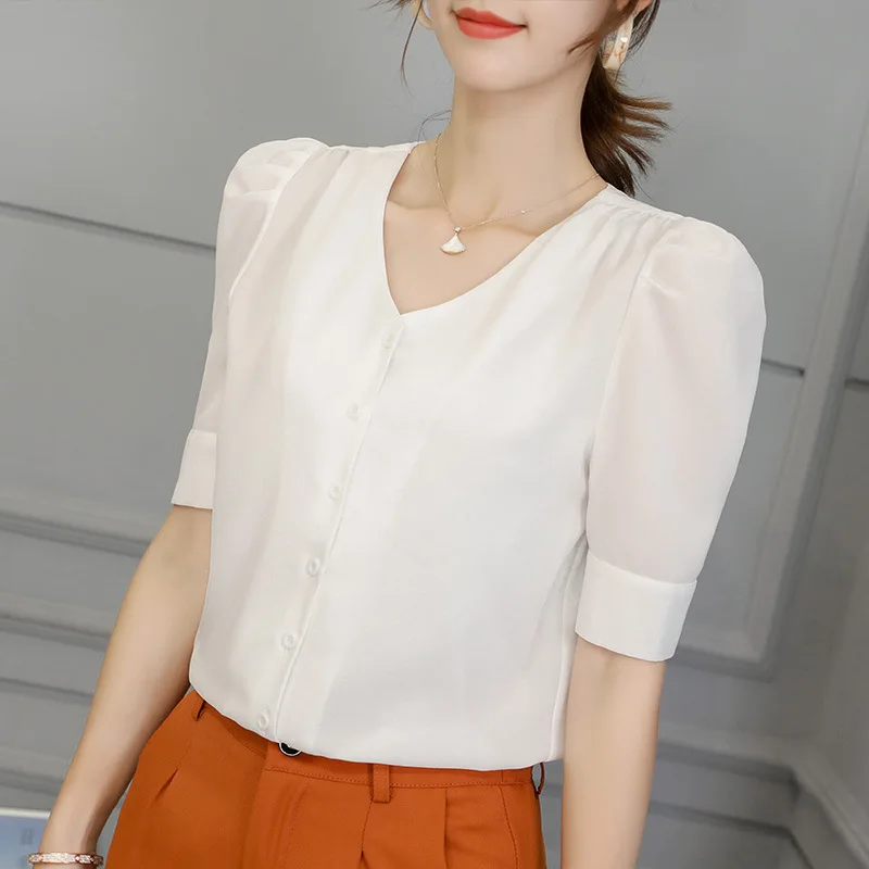 Корейская женская шифоновая блузка с длинным рукавом с короткими рукавами и короткими рукавами Леди Блузки на пуговицах года - Цвет: Белый