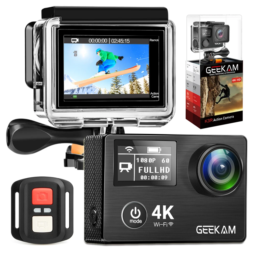 Экшн-камера GEEKAM K3R/K3 Ultra HD 4 K/30fps 20MP WiFi 2," 170D с двойным экраном, водонепроницаемая камера для подводного плавания на шлем, велосипедная спортивная видеокамера