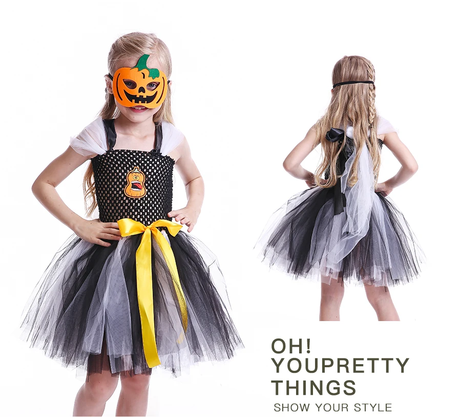 Pumpkin Inspired Handmade Girls Tutu Dress Cute Kids Halloween Fancy Costume Carnival Party Children Tulle Dress with Pumpkin Mask (8)
