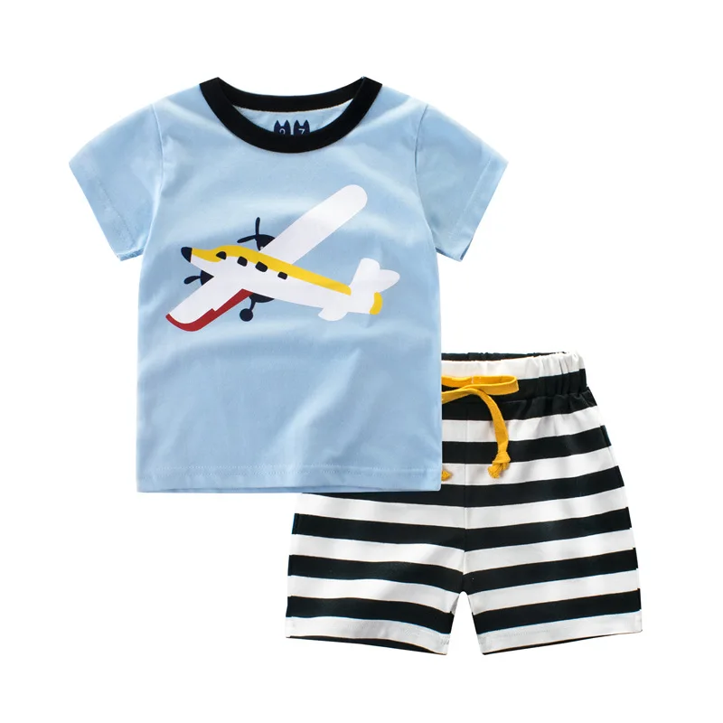 Summer cartoon Cotton short sleeve tee shirt + striped capris boys 2 pcs set kid brand suit children clothes 2-10 yrs |