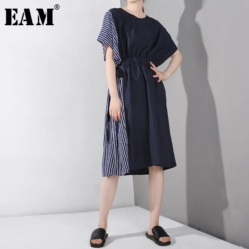 

[EAM] 2019 New Spring Summer Round Neck Short Sleeve drawstring striped stitch bandage big size Dress Women Fashion Tide JU764