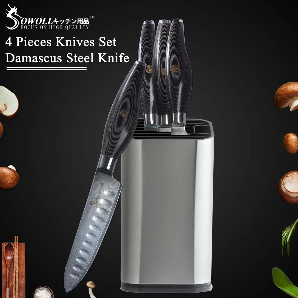 

Sowoll Damascus Steel Kitchen Knives 3" Paring 4" Utility 5" Slicing 6" Chef Damascus Knife+Stainless Steel+ABS Knife Holder