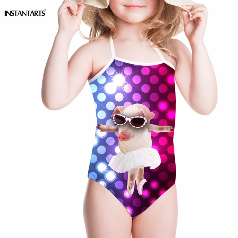 

INSTANTARTS Pig Pattern Funny Girls One Piece Swimsuit Children Summer Beach Swimwear Cute Bikinis Baby Beachwear Bathing Suit