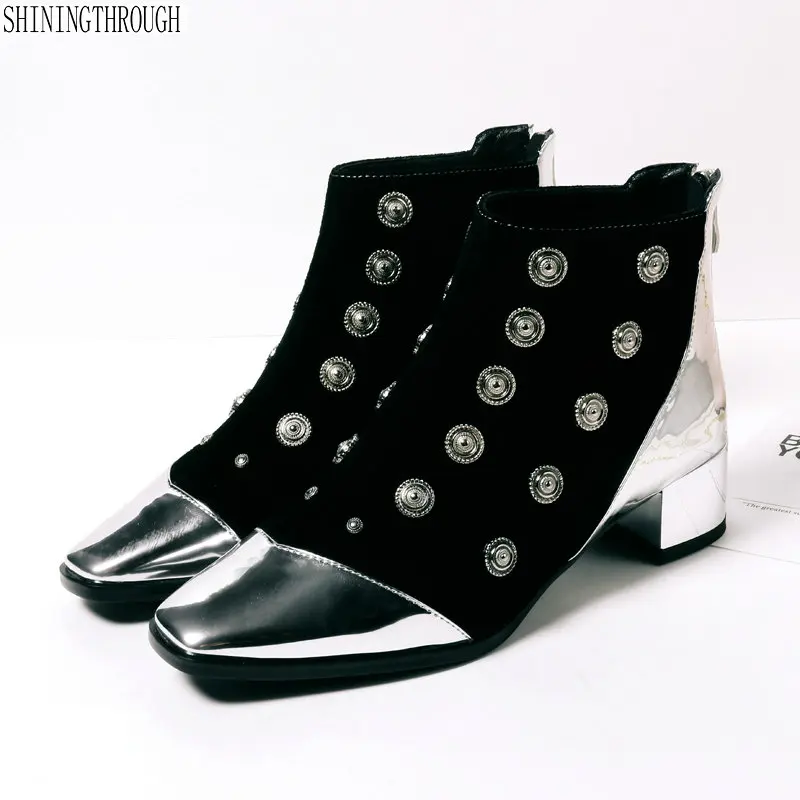 

Genuine leather women boots thick low heels shoes woman patchwork ankle boots woman ladies party dress wedding shoes