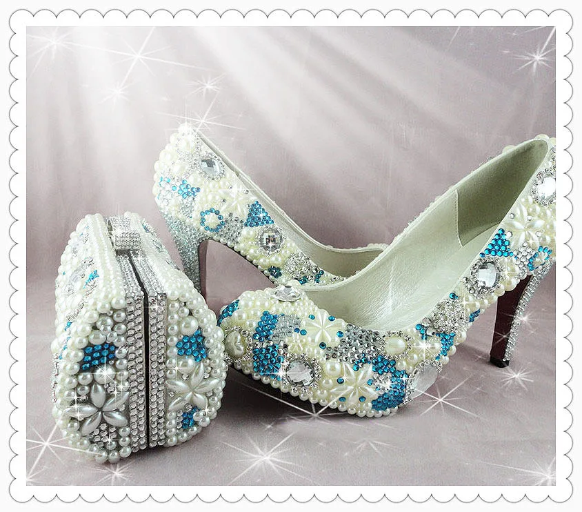 Handmade Crystal Something Blue Wedding Shoes For Bride Party